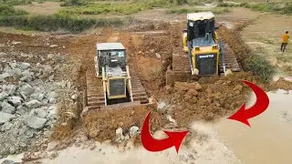 Great Challenge Big Bulldozer SHANTUI VS Dozer Komatsu In Moving Rock , Dirt Mix Mud Road Foundation