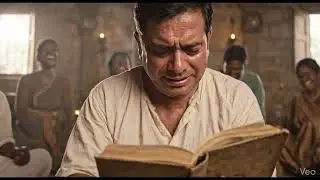 Old Indian ancient Brahmin is trying to read the text