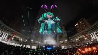 Hatsune Miku being projected onto the Tokyo Metro Government Building for new years