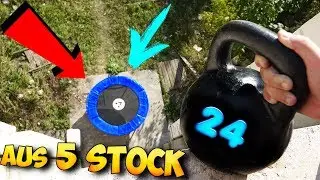 WAS PASSIERT WENN MAN 24 KG KUGELHANTEL aus dem 5 STOCK auf das TRAMPOLIN schmei&szlig;t?!