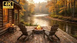 Cozy Autumn Cabin Ambience with Crackling Fire & River Sounds [4K]