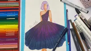 تصميم أزياء : تلوين فستان سهره دمج لونين الوان ماركر | Fashion illustration tutorial