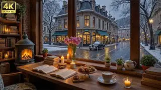 Relaxing Jazz Coffee Shop Ambience ❄️ Cozy Winter Scene with Fireplace Sounds for Study & Work