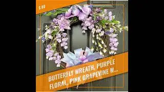 Butterfly Wreath, Purple floral, Pink Grapevine Wreath, Spring Decor, Summer Wreath, Minimalist F...