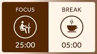 25/5 Pomodoro Timer with Brown Noise | 4 Hours Focus Session | Get Focused & Stay Productive