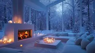 Serene White Piano Lounge Atmosphere with Snowy Window Light & Fireplace Glow for Deep Sleep