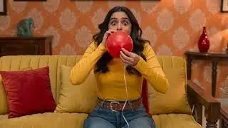 Female blow to pop balloon (AI video)