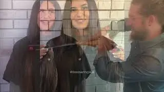 Larisa Love Salon uses massive scissors to cut client's hair