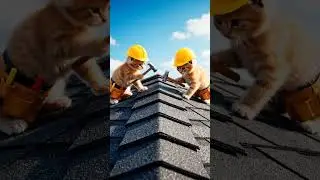 Kittens on rooftop just now hammering shingles with tiny tools in playful construction scene