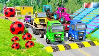 Double Flatbed Trailer Truck vs Speedbumps Train vs Cars | Tractor vs Train Beamng.Drive #060