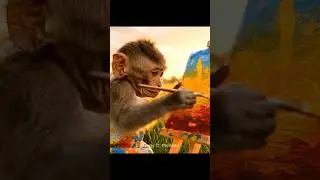 Baby Monkey Paints a Glowing Sunset | Cutest Little Artist Ever! 🌅💛  #babyanimal #cute #babymonkey