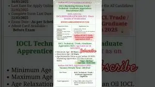 Iocl Indian oil corporation limited ITI technical graduate 2025 apprentices #diploma #apprentice #io