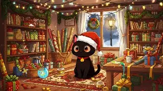 Midnight Black Cat In Santa Hat 🎅 Cozy Festive Workshop Lofi Beats 🎁 Warm Glowing Lantern Snowfall