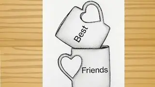 Friendship day drawing / Best Friend drawing on Cup - Pencil sketch / Heart shape Cup Drawing