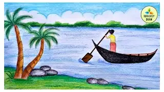 How to Draw Easy Boat Scenery | Beautiful Riverside Landscape scenery with Oil pastel step by step