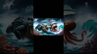 Crocodile and octopus are fighting in the middle of the ocean with big waves.