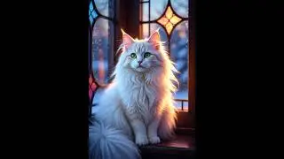@fluffy,@ snow-@white Angora @cat with delicate pink ears glow of twilight filtering through