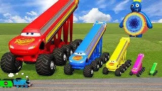 Big & Small, Long & Tall Lightning Mcqueen with Monster Truck Wheels vs Trains  BeamNG Drive 1