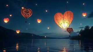 Romantic&rsquo;s Day Background Floating Heart Balloons Over a Tranquil Lake