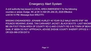 IPAWSCAP Local Area Emergencu for missing person (01/26/2026)