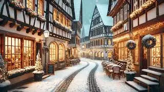 Charming European Street in Winter with Snowfall and Cozy Caf&eacute;s | Relaxing Ambiance