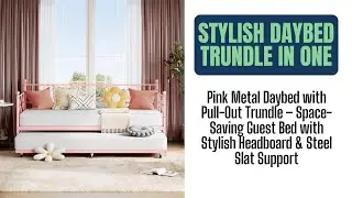 Pink Metal Daybed with Pull-Out Trundle &ndash; Space-Saving Guest Bed with Headboard & Steel Slat Support