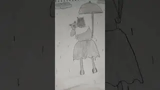 My drawing of a girl walking in rain with umbrella.