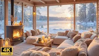 Peaceful Winter Cabin by the Lake ❄ Soft Piano Muusic with Crackling Fireplace for Focus & Calm
