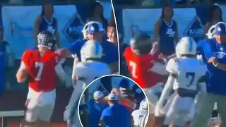 Watch High school coach shoves opposing QB tospark wild sideline fight during state championshipgame