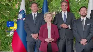 Фон дер Ляйен, Эммануэль Макрон, Педро Санчес и Мицотакис на саммите MED9 в Словении