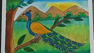 Peacock drawing # easy simple oil pastel scenery drawing|| peacock scenery drawing 