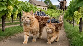 Mama Cat Harvests Sweet Grapes and Bakes a Fluffy Sponge Cake With Her Kitten 🐾🍇🎂