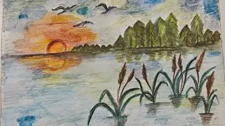 Sunset Lake Scenery Drawing with Derwent Graphitint Pencils | Peaceful Landscape Art