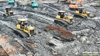Wow!! 6 Bulldozer Pushing Mud Clearing Mud And Excavator Digging  !