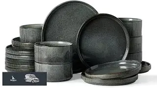 famiware Star Dinnerware Set Plates and Bowls Sets for 6 (18pcs) Ribbed