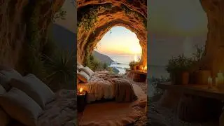 cozy cave room overlooks a tranquil ocean at sunset #sea #nature #cozycafevibes #sunset #explore