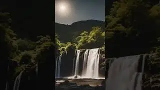 Peaceful countryside with waterfalls on a moonlit night
