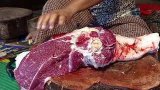 The first morning meat market, Fastest beef cutting knife skills, How to cutting cow leg beef. 