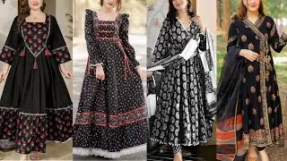 Lawn Cotton Anarkali Suit Design 2025/Summer Special Printed Causal Frocks/Black Color Frock Ideas