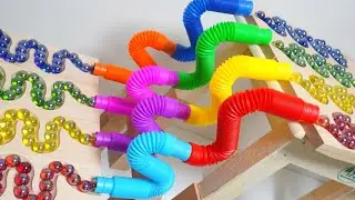 マーブルランレースASMR☆小さなくねくねカラフルトンネルとカタカタレールといつものHABAスロープ【AMSR best marble runs】