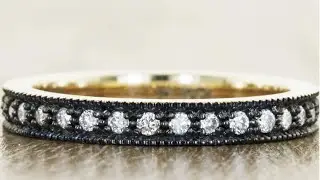 Unique Vintage Inspired Diamond Wedding Band in Yellow Gold with Black Metal Details - Brini
