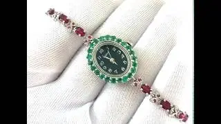 Precious Silver Jewelry Wrist Watch For Ladies With Garnet, Ruby & Emerlad