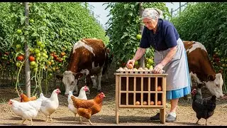 Feeding animals and harvesting on a peaceful day for simple life in countryside villages
