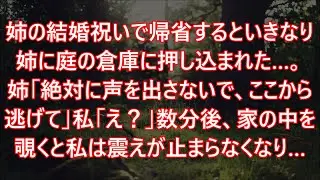 姉の結婚祝いで帰省するといきなり姉に庭の倉庫に押し込まれた…。姉「絶対に声を出さないで、ここから逃げて」私「え？」数分後、家の中を覗くと私は震えが止まらなくなり…