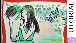 Painting Tutorial HORSE & GIRL. How to paint in Acrylics Step by Step Beginners