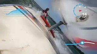 High wind fast Sunfish. GoPro speedometer 14 mph boat speed in 20+ wind.