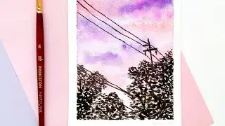 Pink and Purple Sunset Watercolour Painting 💗💜 // #shorts