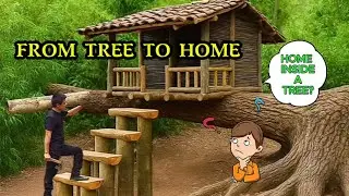 No Bricks, No Cement! Building a Survival House from a Giant Fallen Tree | Survival Review