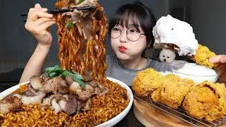 Лапша с черной фасолью и сладкая жареная курица | Mukbang ASMR