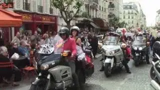 French cancan on motorcycles in the streets of Montmartre, carnaval de Montmartre